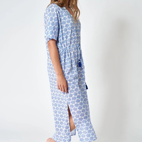 New blue and white‎ shell kaftan dress with tassels Sz SM (6-8) (EU 38) - Picture 2 of 7